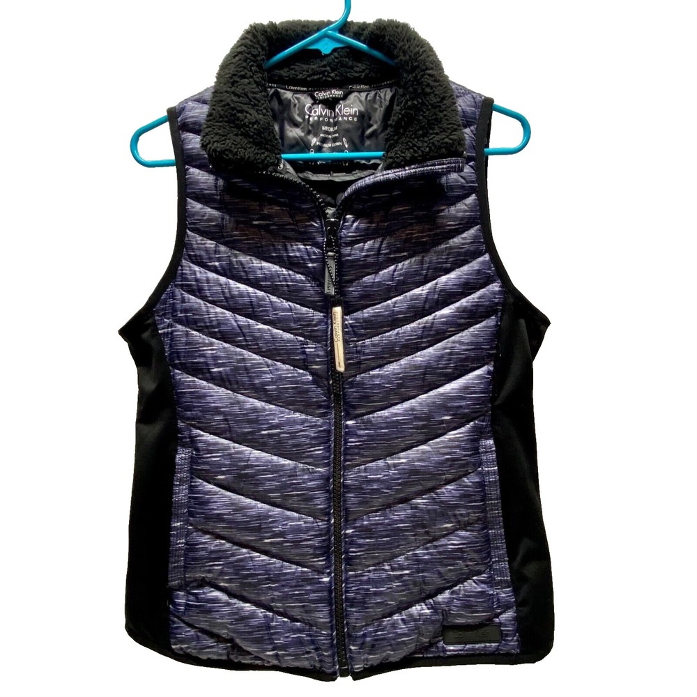 Calvin Klein Puffy Vest Women's Medium Black Purple Shimmer Sherpa Collar NWOT